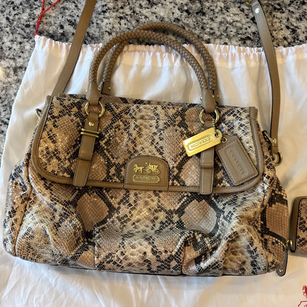 Authentic COACH Madison Flap Carryall #19638 Embossed‎ Python Leather + Wallet - Picture 2 of 16